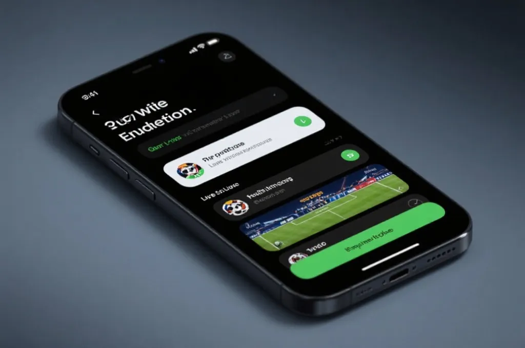 A smartphone screen showing real-time sports event notifications and live match updates, displaying clean pop-up alerts on a dark mode interface, sleek UI design